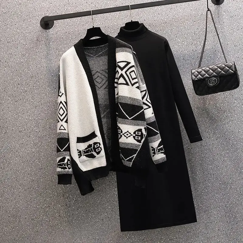 Oversized Women's Autumn Set 2023 Korean Version New Slim Sweater Cardigan Coat Knitted Dress Two Piece Set Fashion