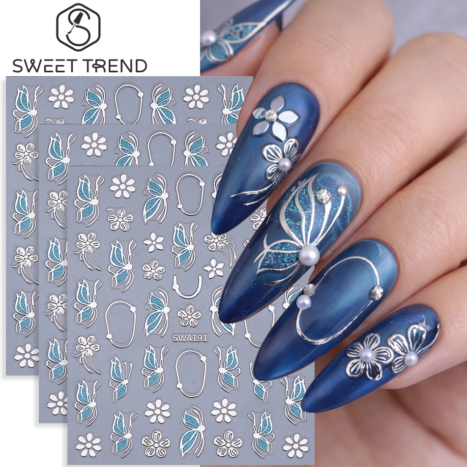 3 Stück Metall-Silber-Blumen Nagelaufkleber Silberne Blütenblätter Blatt Schmetterling Selbstklebende Nagelsticker DIY Frühlings-Maniküre-Dekoration