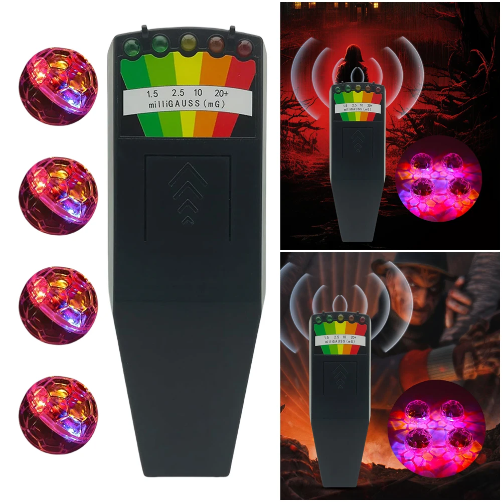 5 LED EMF Meter with 4 Motion Light Up Cat Balls Electromagnetic Field Radiation Meter 5 Scales Paranormal Equipment