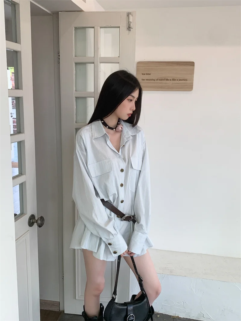 CHEERART Fall Clothes 2024 Long Sleeve Shirt Dress Women Light Blue Button Up Loose Casual Mini Dress