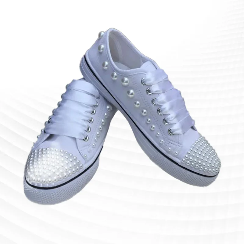 Branco low-top pérola fita acessórios estilo personalizado sapatos de lona integrados esportes casuais sapatos femininos 35-46