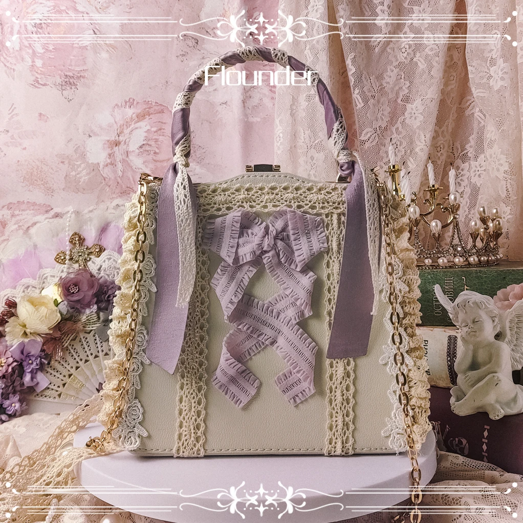 Women Girl Lolita Handbags Satchels Flowers Imitation Pearl Shoulder Bag Crossbody Chain Bags Luxury Lace Ribbon Purple Color