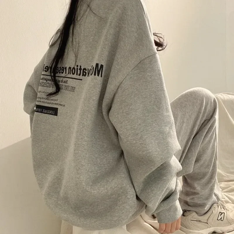 HOUZHOU Harajuku Sweatshirts Women Korean Fashion Oversize New Hoodie Casual Round Neck Pullover Vintage Letter Print Aesthetic