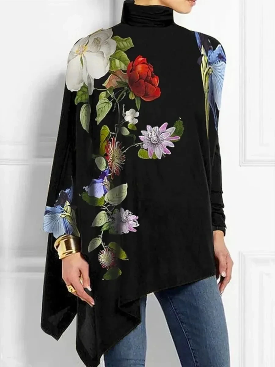 

Women Irregularity Flower Printed High Neck T-Shirts 2024 New Autumn Long Sleeves Loose Casual Going Out Pullovers Tops