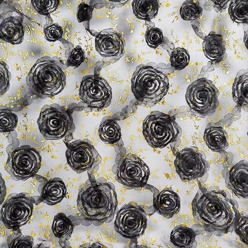 

1Yard 3D Large Rose Embroidered Fabric Mesh Wedding Dress Party Stage Wear Diy Sewing Designer Mesh Gauze Lace Fabric New