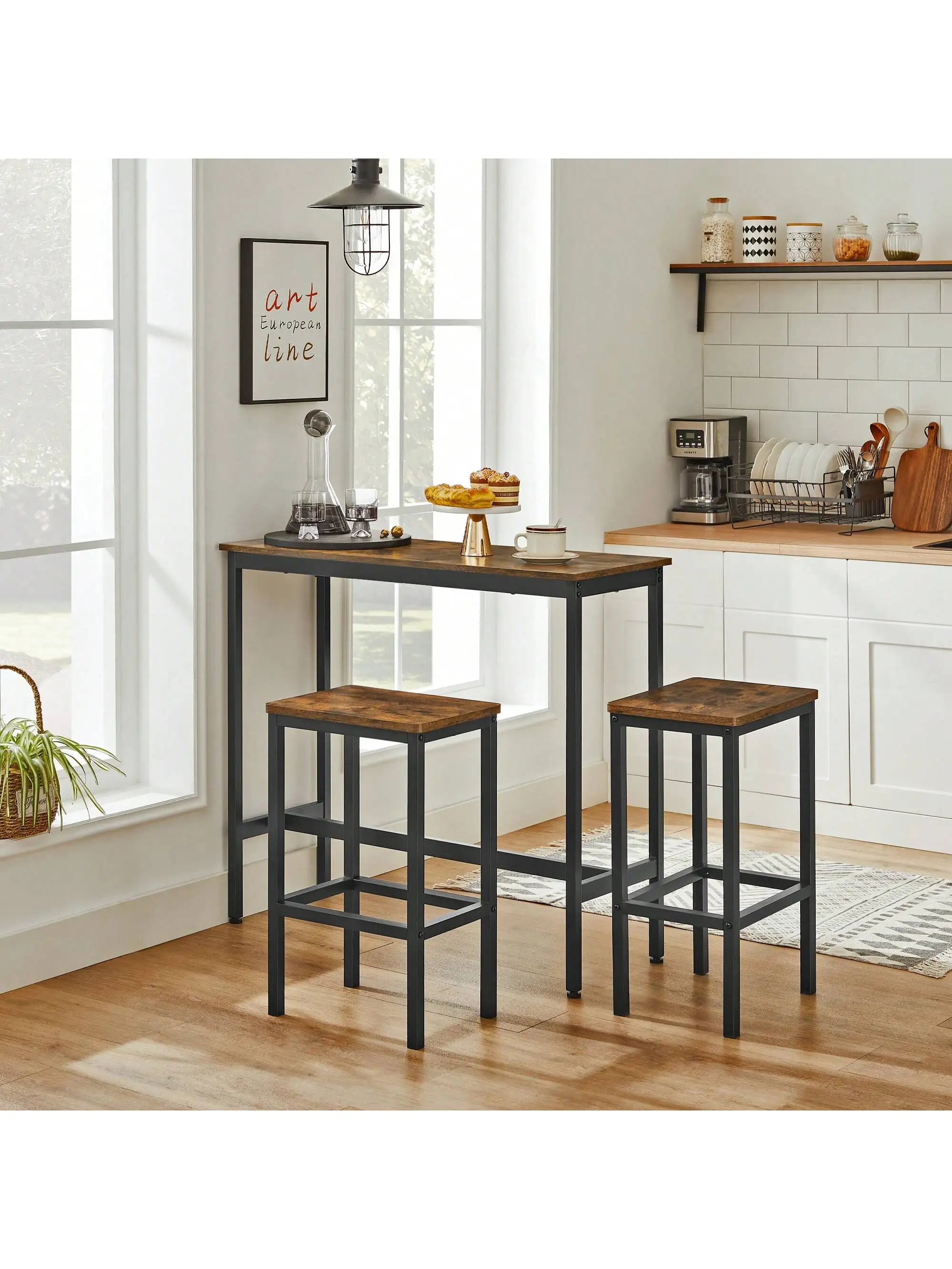 VASAGLE Set tavolo da pranzo, tavolo da bar con sgabelli, tavolo da bar per colazione, 2 sgabelli, struttura in acciaio industriale, marrone rustico/nero