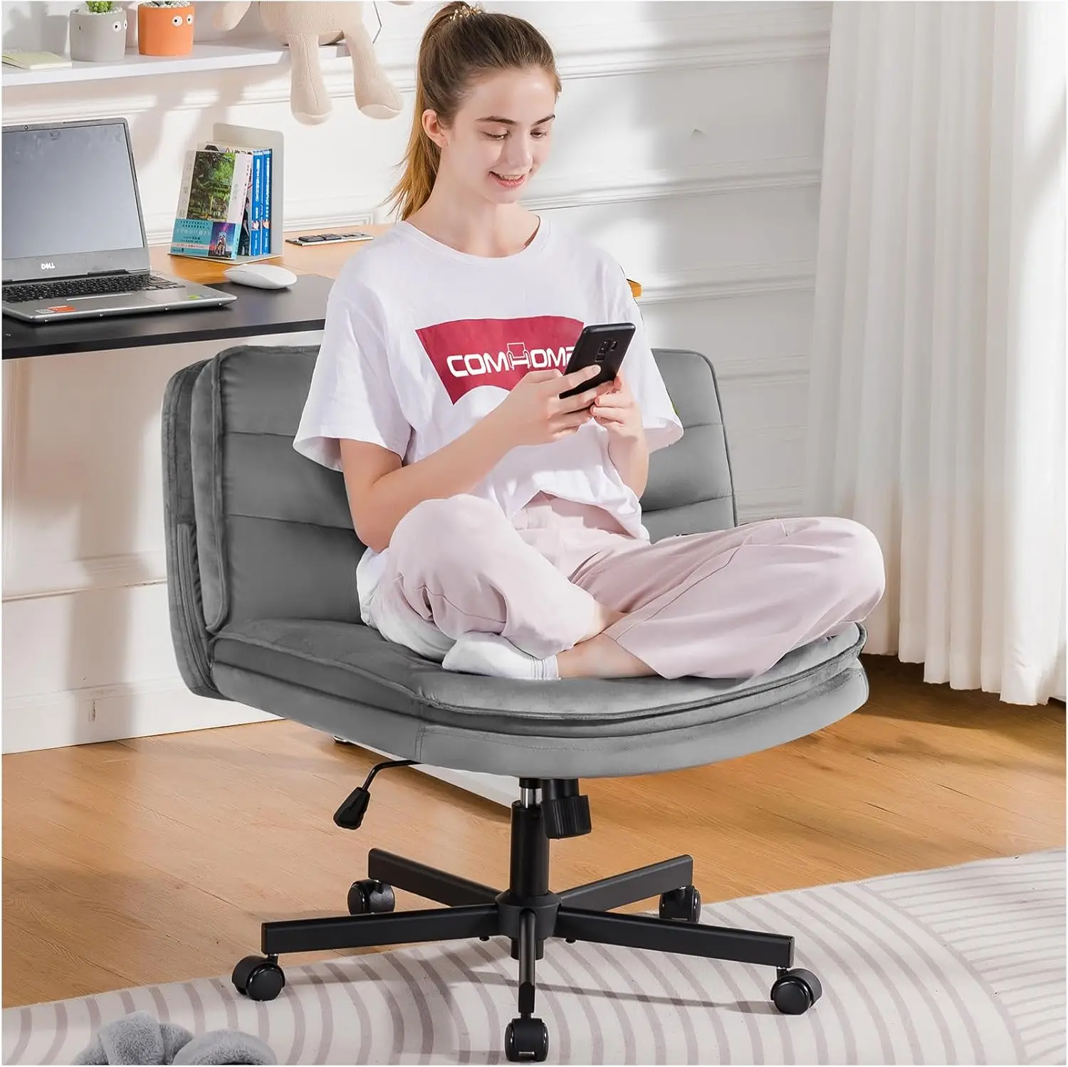 

Armless Wide Cross Legged Office Chair Mid Back, Modern Home Office Desk Chair Swivel Adjustable Vanity Computer Chair