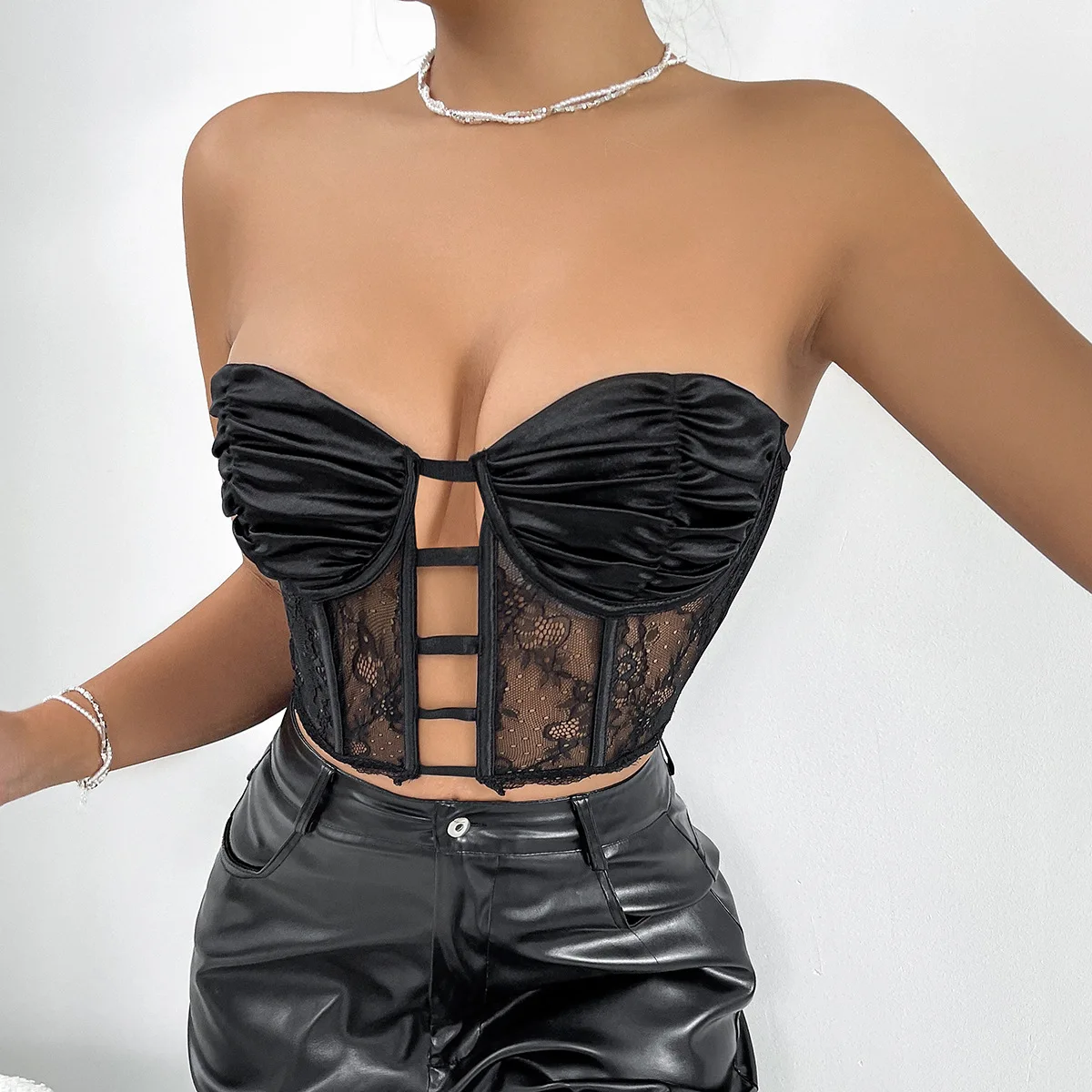 Spicy Girl Style sexy Perspective mesh Female Tube Tops Underwired Fish bone bra Tight fitting corset top Youth Elegant