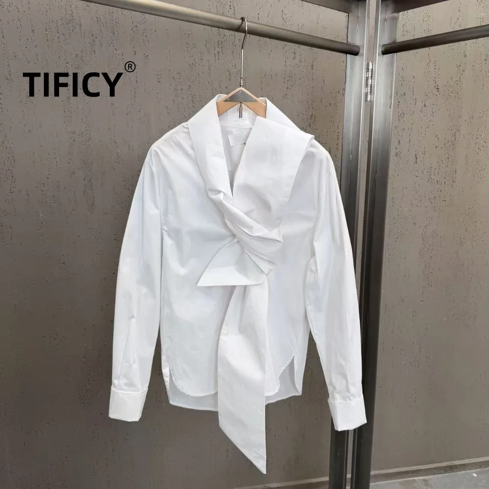 High Street Shirts Women's New Temperament Commuting Style White V-neck Ribbon Shirt Women's Long Sleeved Shirts Top
