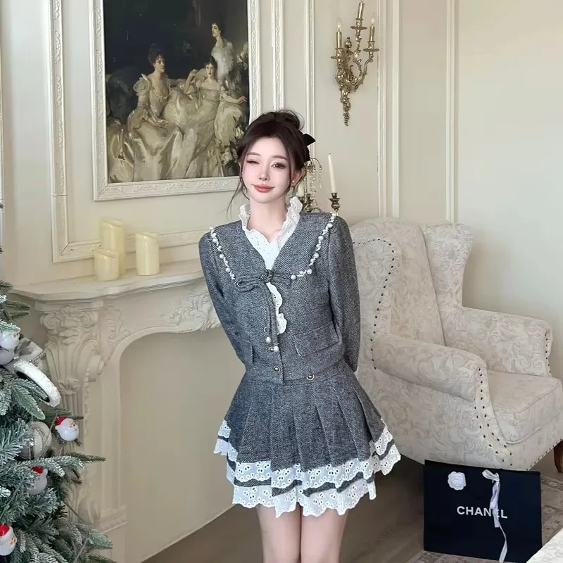 

Small Fragrant Autumn Sweet Single Breasted Lace Ruffles Jacket + High Waist Pleated Skirt Two Peice Set Women Matching Sets