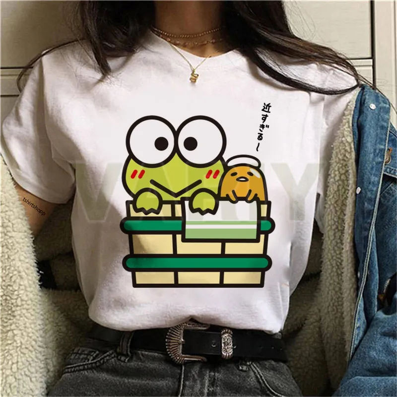 Retro Women's T-shirt Keroppi Gudetama Take A Bath Printed Top Korean Short Sleeved Round Neck Women T-shirt Suitable for Daily