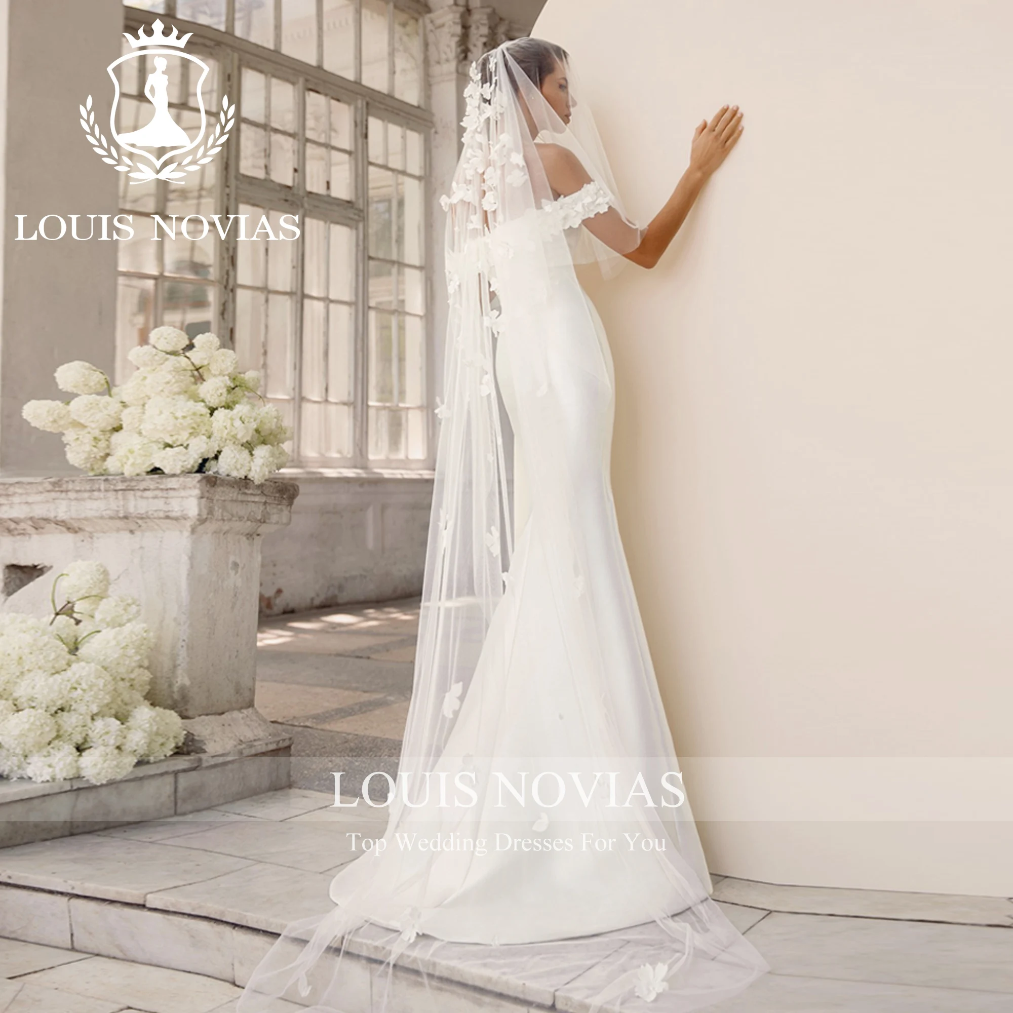 LOUIS NOVIAS Satin Mermaid Wedding Dresses For Women 2023 Off The Shoulder Sweetheart Flowers Bow Detachable Train Wedding Gown