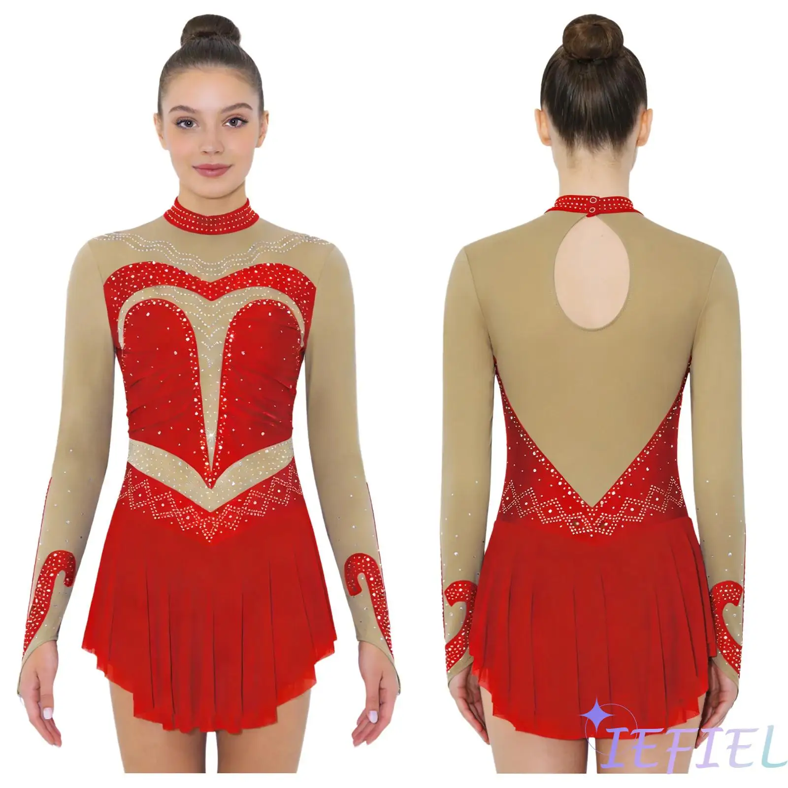 

Womens Gymnastics Dance Jumpsuit Rhinestone Detail Color Block Ruched Long Sleeve Dual Layer Mesh Hem Latin Dance Leotard Dress