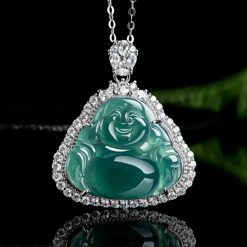 

Burmese Jade Buddha Pendant Choker Carved Natural Talismans Fashion Charms Vintage Necklace 925 Silver Emerald Blue Jadeite