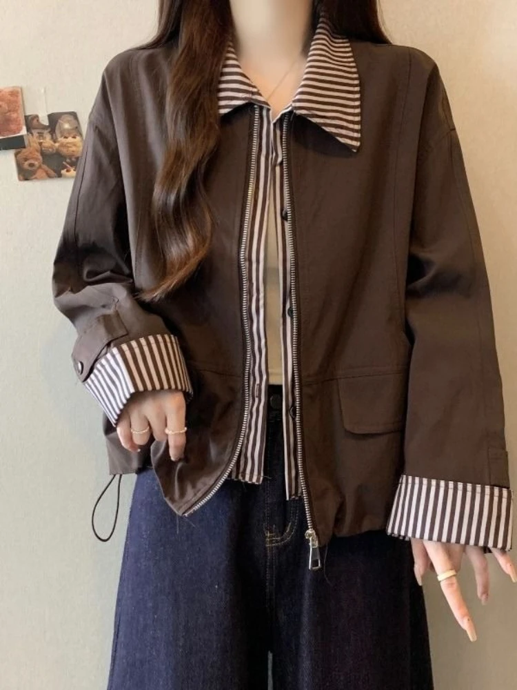 Autumn New Polo Collar Jackets for Women Casual Loose Korean Style Fake Two-Piece Coat Fashion Zipper Long Sleeves Jacket Women