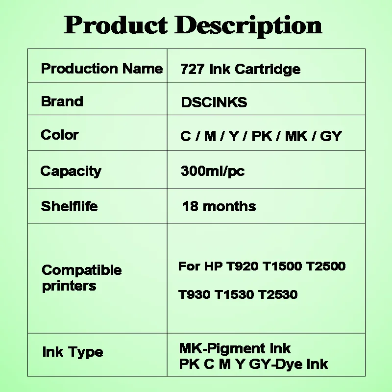 Imagem -02 - Cartucho de Tinta Compatível para Impressora hp Preço de Fábrica T920 T1500 T2500 T930 T1530 T2530 727 300ml Alta Qualidade