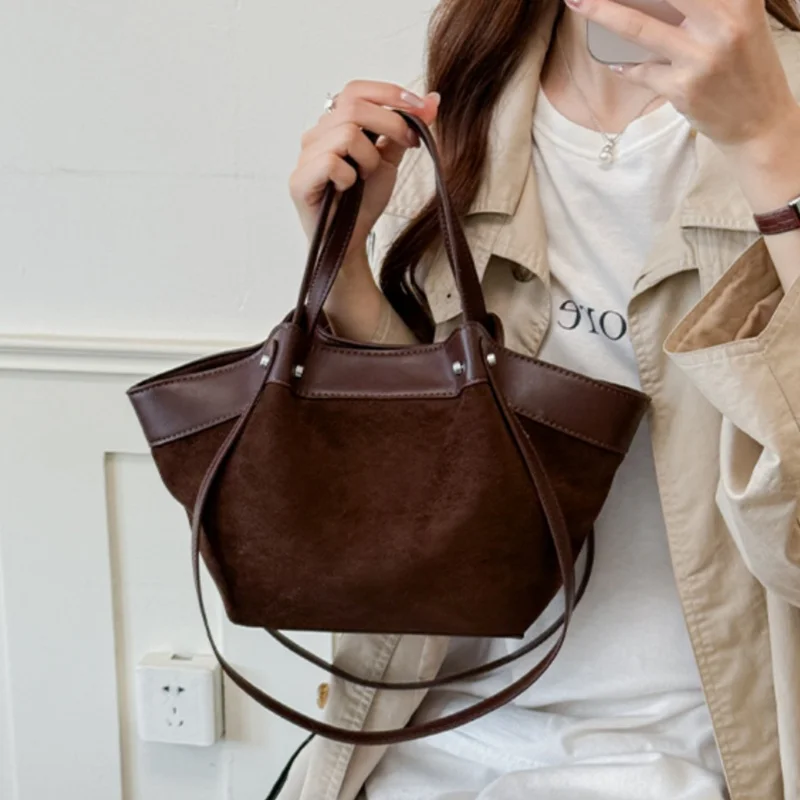 Faux Suede Tote Bag Women Large Capacity Soft Shoulder Purse Minimalist Casual Office Work Crossbody Shopping Daily Top Handbag