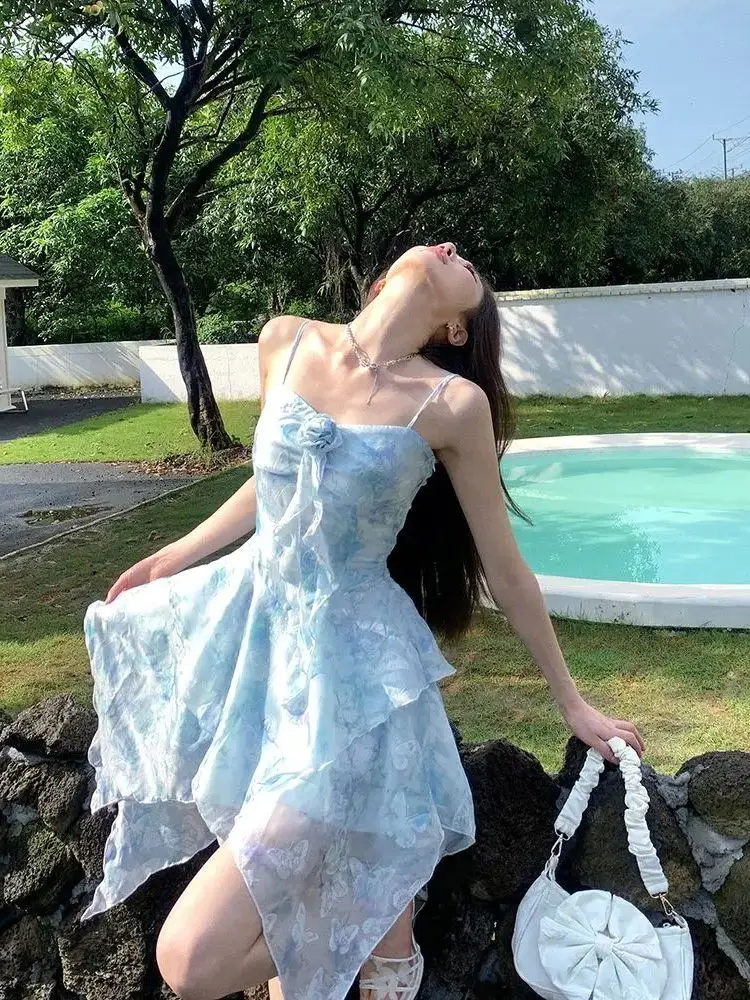 Sling Dress Suit Flowers Irregular Chiffon Summer Women Short Sleeve Holiday Style Korean Fashion Broken Short Skirt Dress