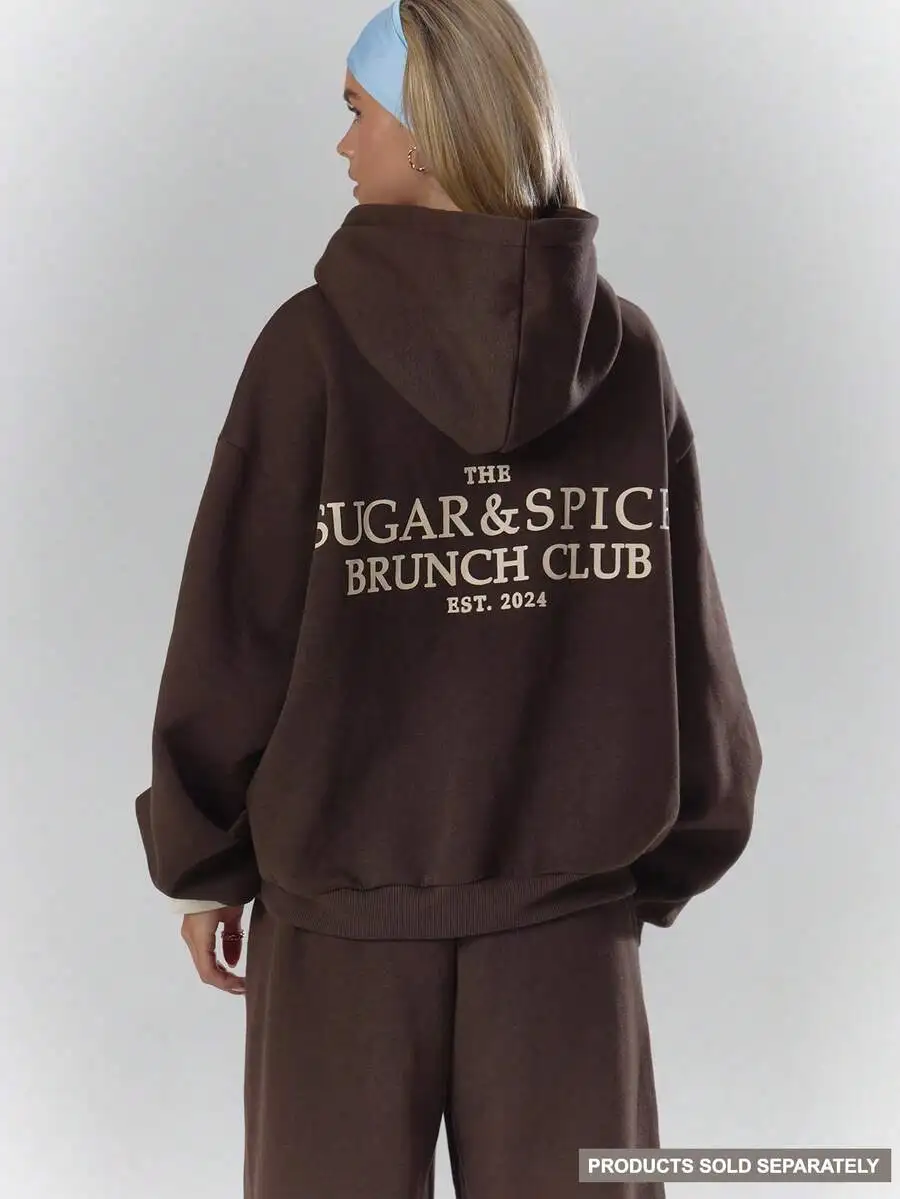 

Brown Oversized Graphic Print Hoodie with Text Design - Cozy Fall Winter Casual Wear