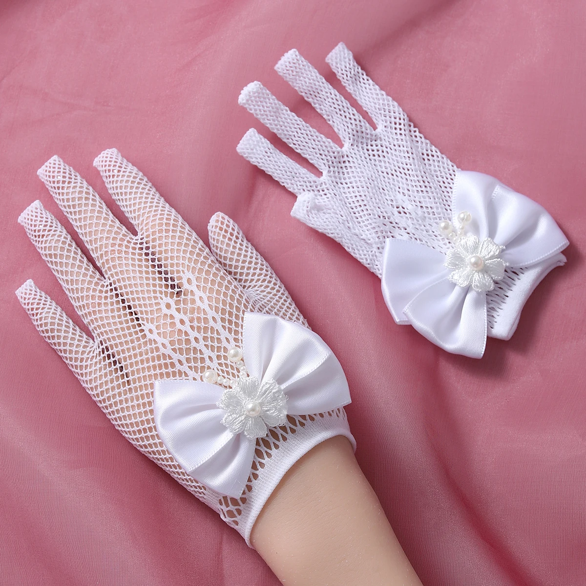 Guantes de novia completos de estilo Sexy maduro para damas, guantes de boda elásticos de encaje blanco con lazo, adecuados para fiesta