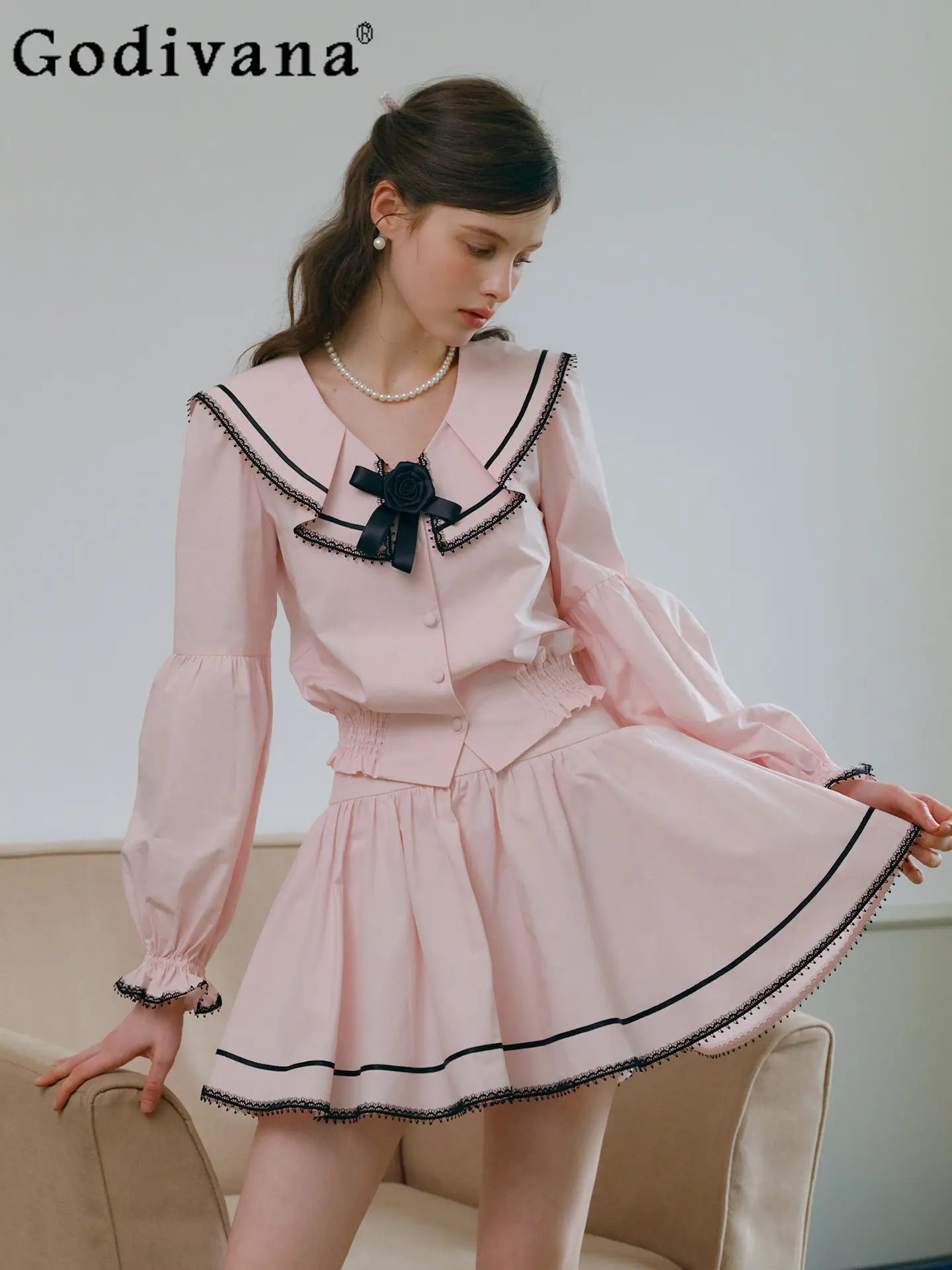 

French Navy Collar Lantern Sleeve Cinched Waist Blouse Skirt Set Spring 2026 New Collection Bow Tie Detail Women's Pink Outfit
