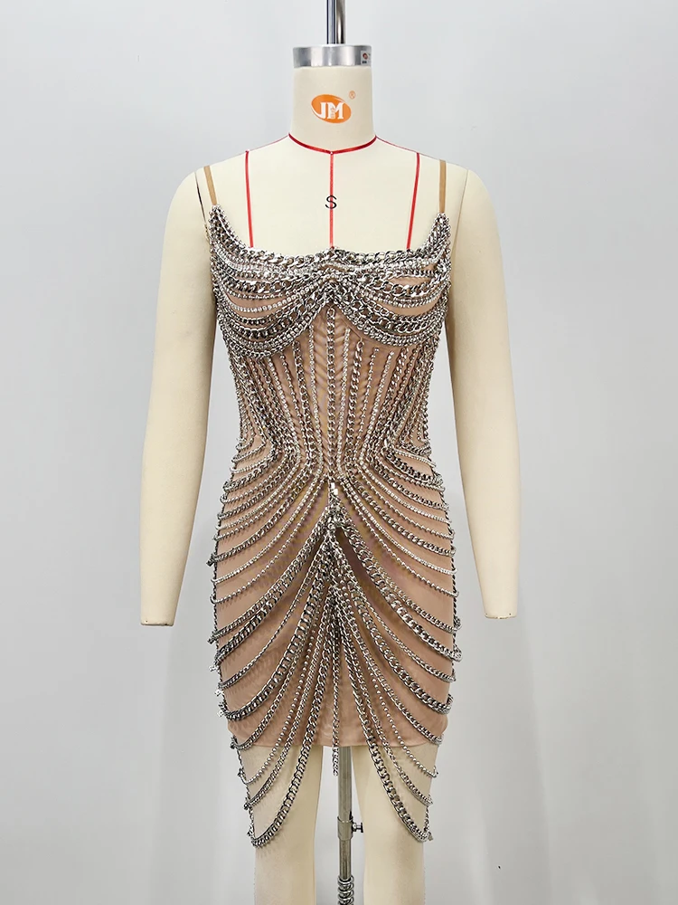 VC Avant-Garde Edge Metallic Chain - Embellished Strapless Backless Mini Dress for Party Gown