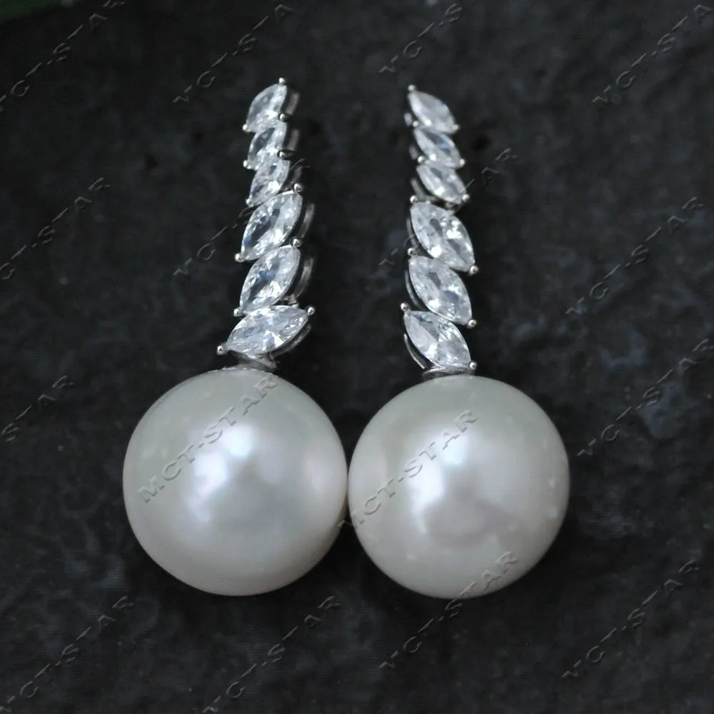 MTC·STAR15mm Marquise CZ Vine White Round Spherical Edison Pearl Dangle Earrings For women (Z14709) Earrings
