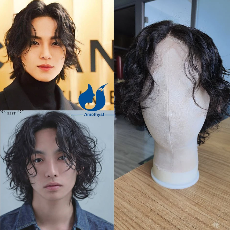 

Amethyst 13X6 Loose Wave Natural Wig Brazilian Remy Human Hair Short Bob Wolf Cut Lace Front Wig for Men Wet Curly Pre Plucked