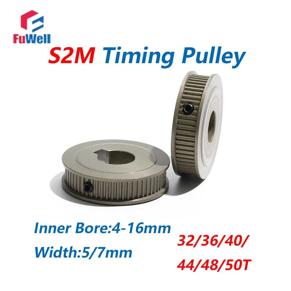 FuWell Synchronous Pulley S2M 32T/36T/40T/44T/48T/50T Tooth Width 5/7mm AF Type Synchronous Pulley Aluminum Alloy Hard Oxidation