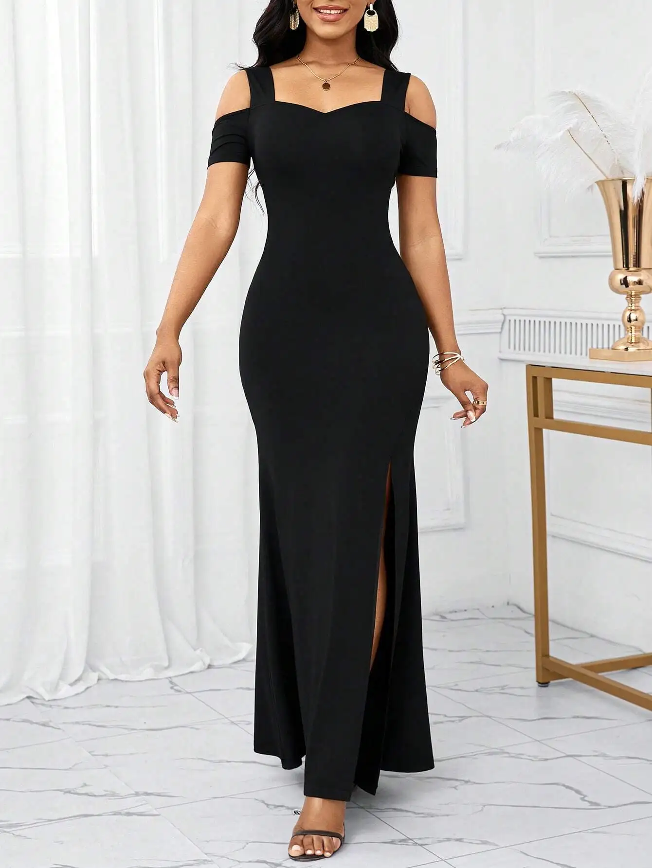 Black Off Shoulder Long Dress With Side Slit For Wedding Guest Party
