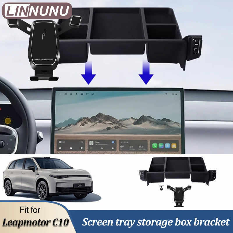 LINNUNU Car Phone Holder with storage box For Leapmotor C10 Screen Fixed Cellphone Mount GPS Bracket Gravity Stand Accessories