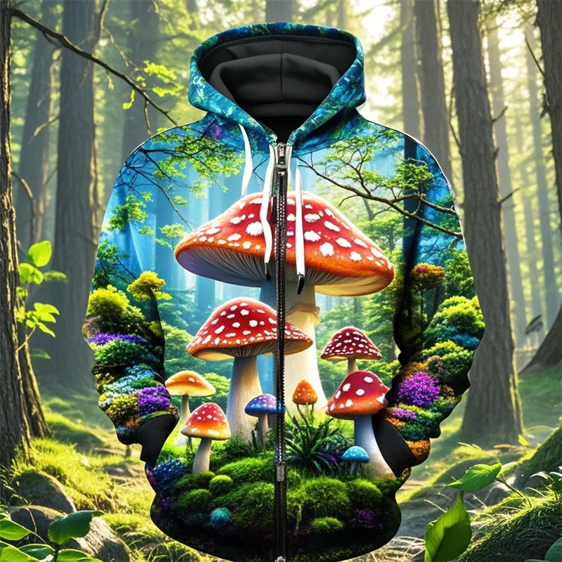 

Colorful Magic Mushroom Zip Up Hoodies For Men Women 3D Print Abstract Pattern Pullover Sweatshirt Casual Long Sleeve Streetwear