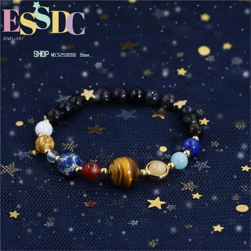 Handmade Universal Galaxy Guardian Star Eight Planets Blue Sandstone Bracelets Solar System Reiki Jewelry Gift for Women or Men