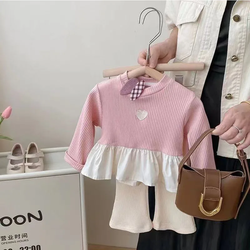 Baby Round Neck Long Sleeve Sets Girls Cute Sweet Love Suit Spring Autumn New Children's Fashion Casual Loose 2 Pieces 12M-8Y
