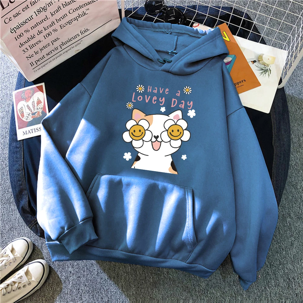 

Have A Lovey Day Happy Cartoon Cat Prints Women Hoodie Vintage Autumn Streetwear Soft Comfortable Hoody Fleece Pocket Pullover