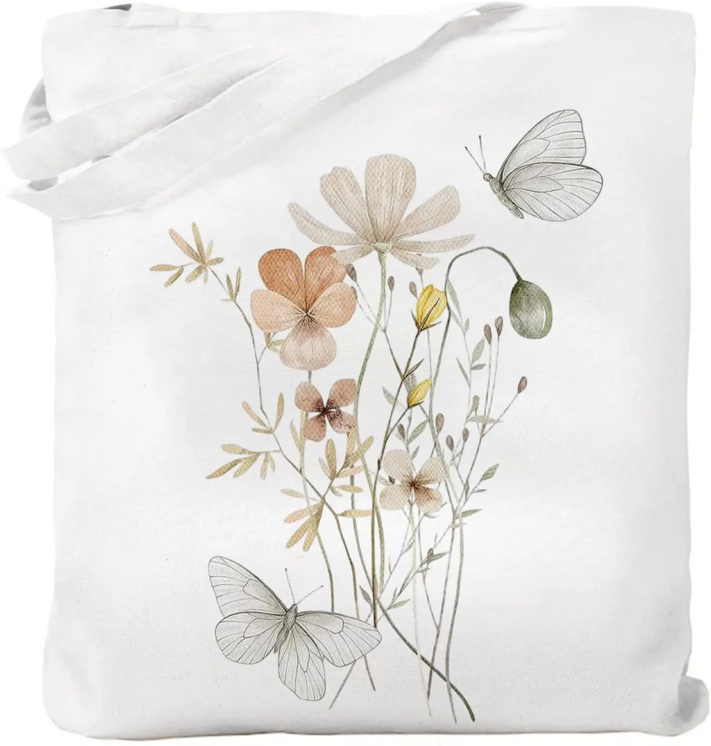 

Elegant Minimalist Plant White Canvas Shoulder Bag Wildflower Butterfly Print Pattern Handbag for Daily Commuting Use