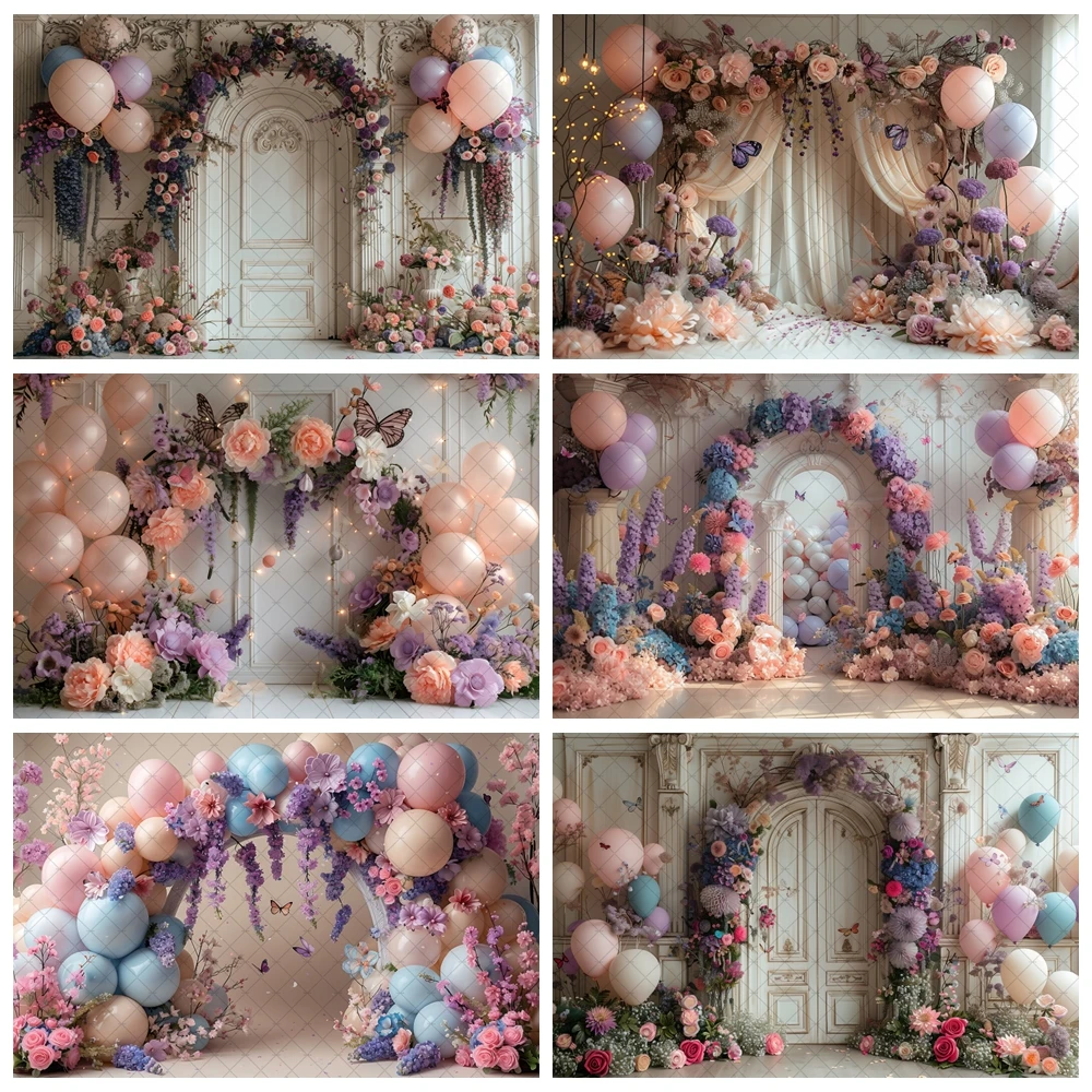 

Girl Birthday Photographic Backgrounds Butterfly Balloon Purple Flower Photography Backdrop Wedding Decoration Photo Studio