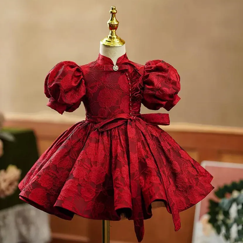 

2025 New Children's Evening Gown Bow Design Spanish Vintage Girls Birthday Baptism Party Red Dresses For Eid