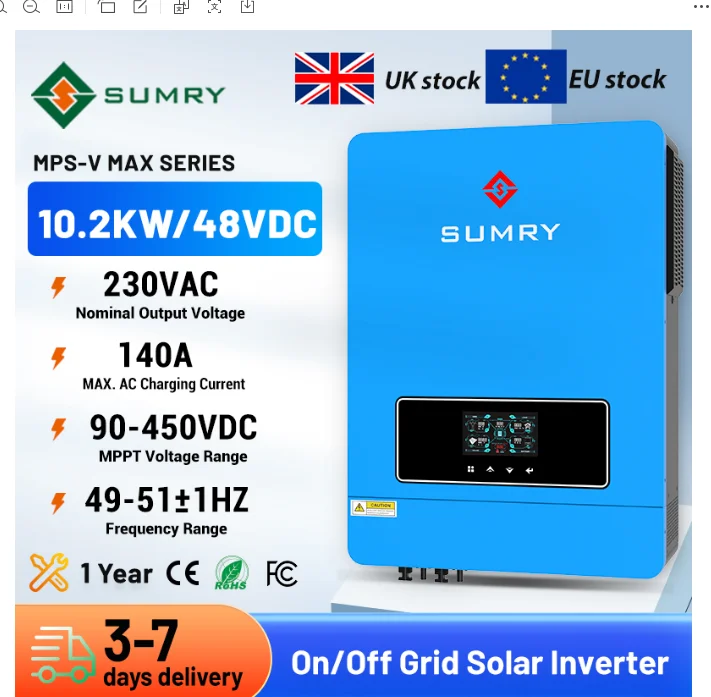 Sumry 10.2KW On/Off Grid Hybrid Solar Inverter 48V 230V 50/60HZ Pure Sine Wave MPPT 160A 90-450v Solar Battery Charger