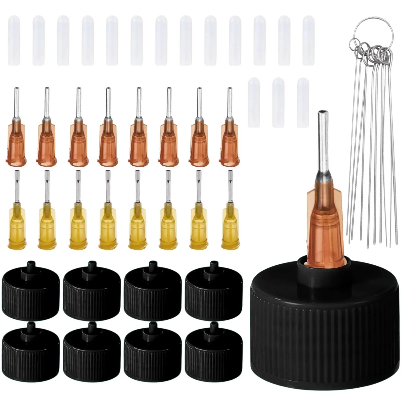Precision Adapter Nozzle for Bottles Controlled Stream Dispensing Cap Set with Amber Yellow Metal Tip Heads