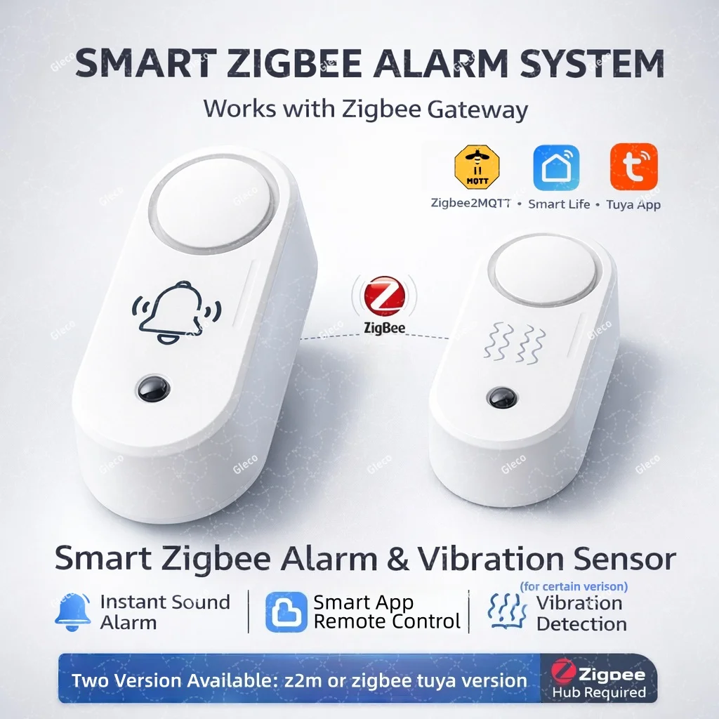 

Сирена-сигнализация Zigbee с опциональным датчиком вибрации, звуковым и световым оповещением, для домашней безопасности, совместима с Tuya Smart Life и Zigbee2MQTT