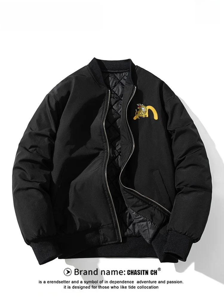 

Retro Embroidered Flight Cotton Jaet Men's Winter Thiened Loose Sle Faionable Streetwear Polyester Fiber Zipper Closure
