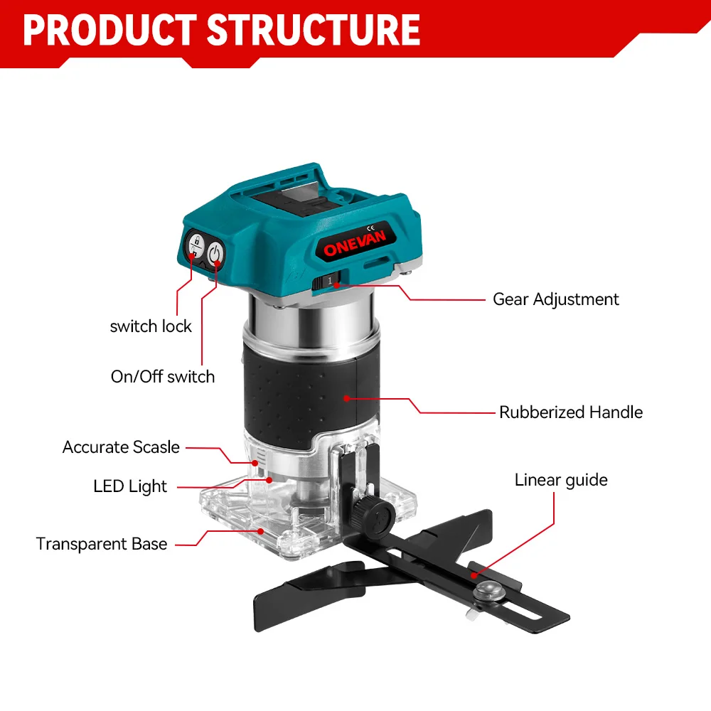 ONEVAN 5 Speeds Brushless Electric Hand Trimmer Cordless Wood Router Engraving Slotting Trimming Machine For Makita 18V Battery