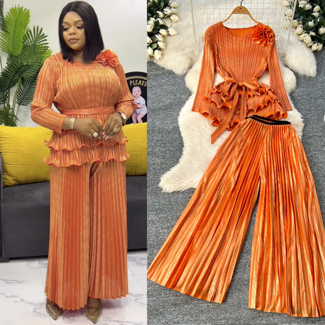 

Женская одежда, комплект из двух предметов, комплект из двух предметов с рюшами, 3D цветочные блузки с высокой талией, плиссированные широкие брюки, модный корейский костюм