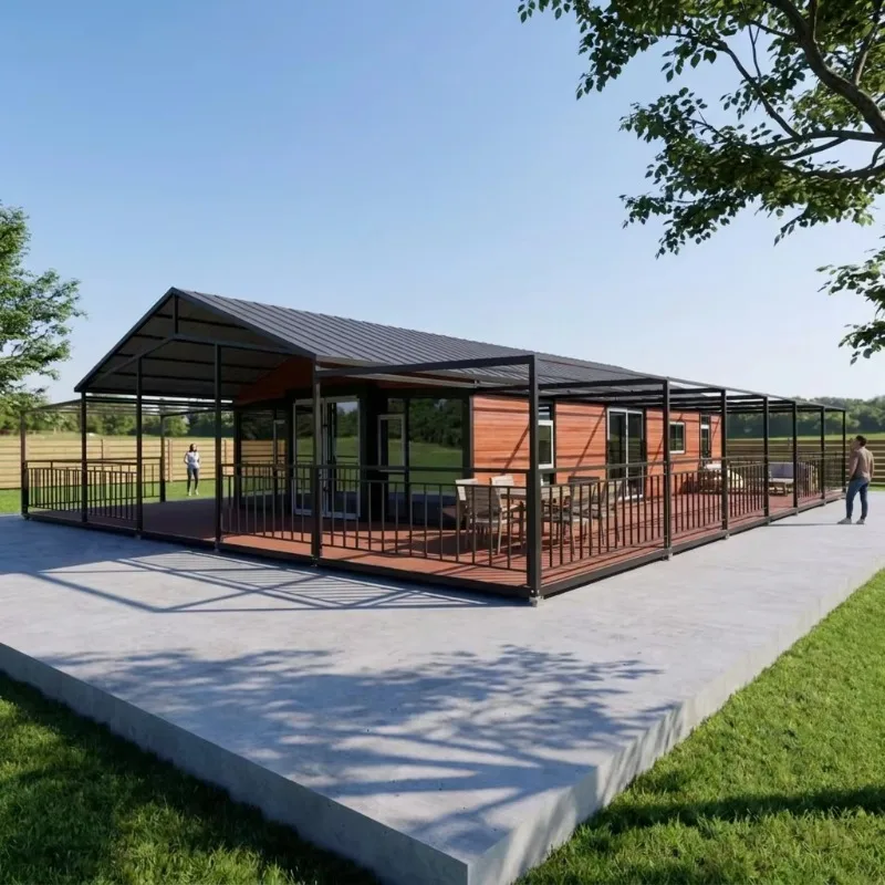 Modern Wood Slat Prefab Modular Waterproof Container House Covered Deck Gable Roof Expandable Design Floor-to-Ceiling Hotel