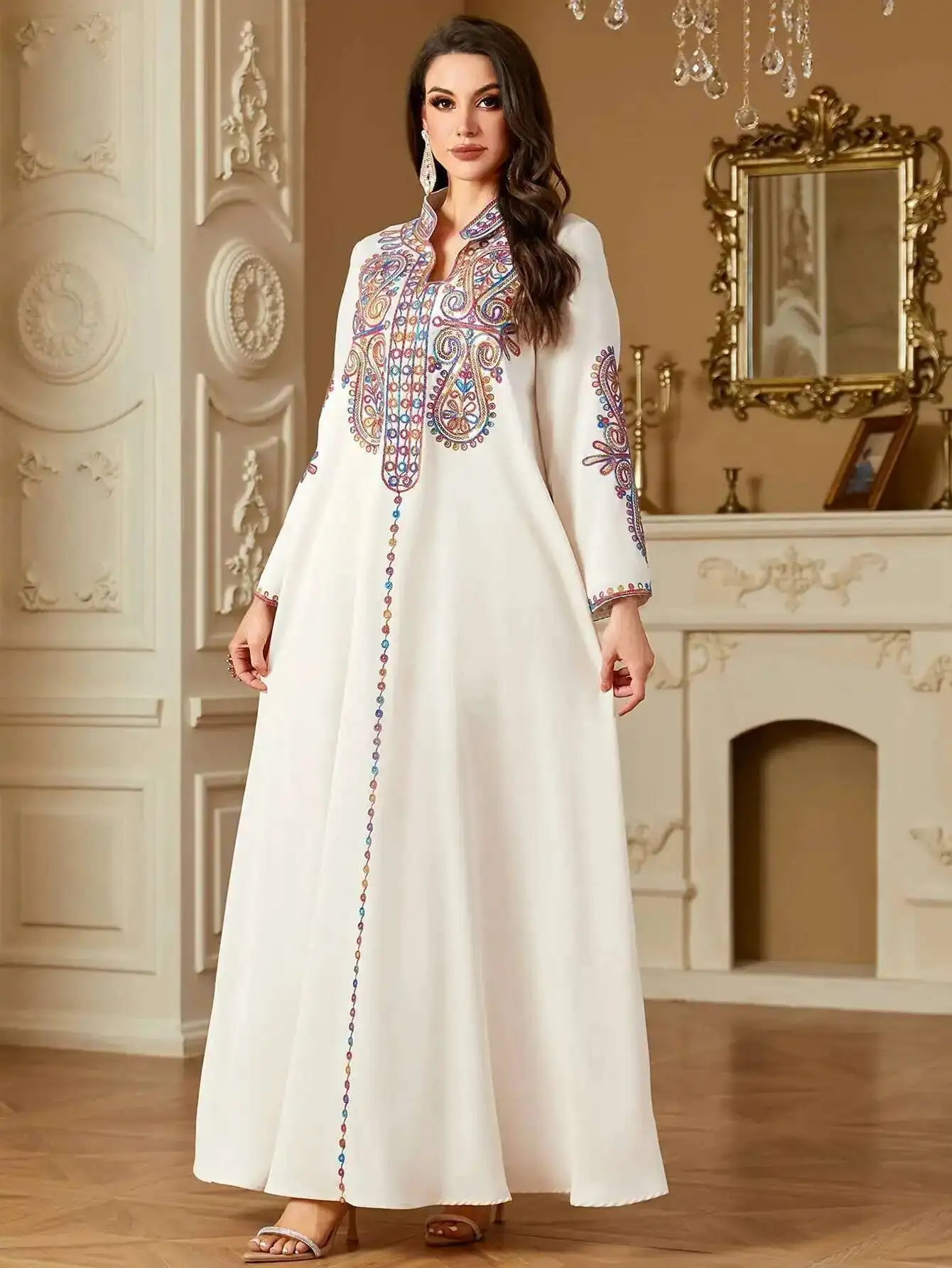 

4221 Muslim Robe Elegant Beaded Embroidered Dress Arab Dubai New Long Dress Robe Abaya Ramadan Dubai Luxury Islam Elegant