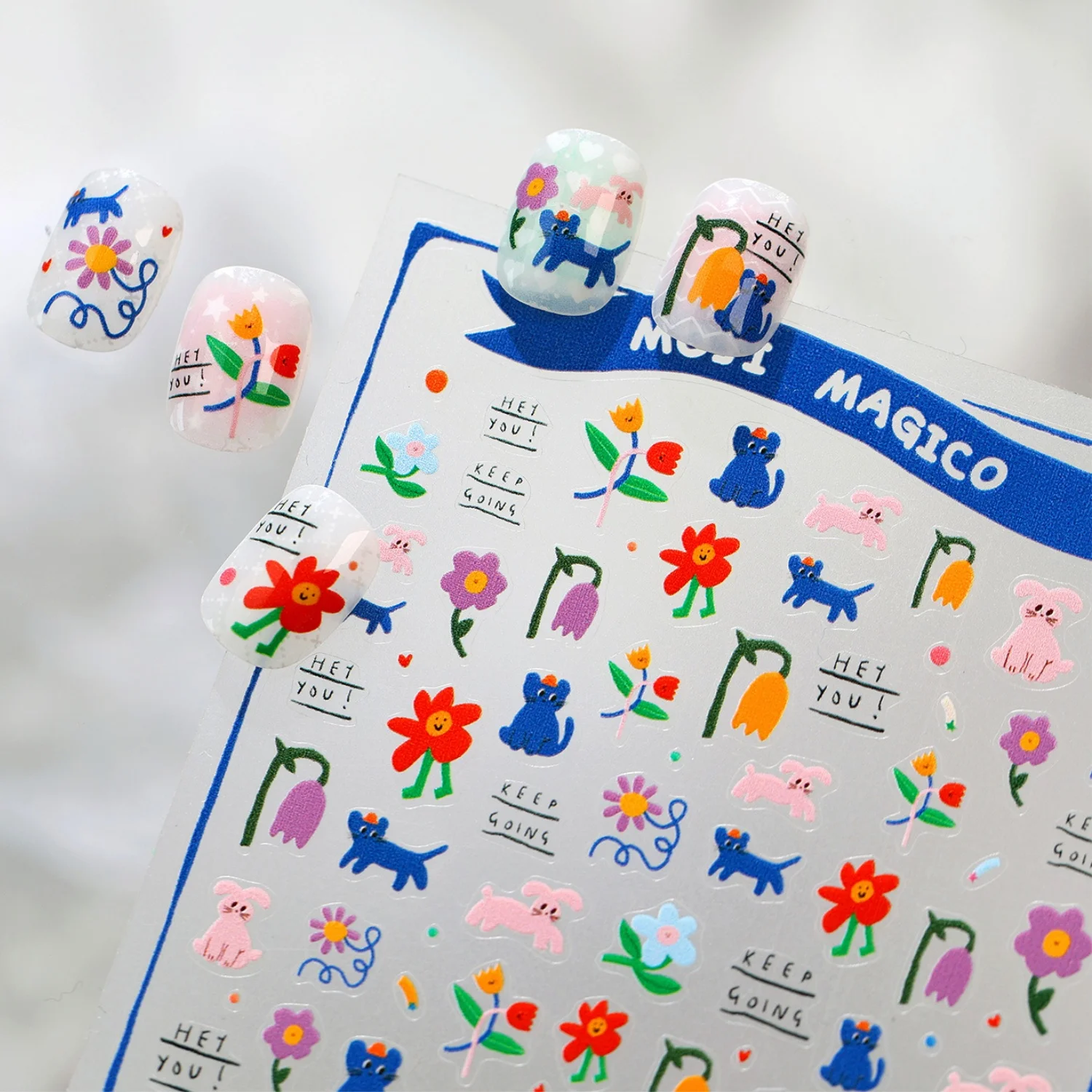 Cute Pink Blue Cartoon Puppy Color Tulip Wildflower 5D Self-Adhesive Nail Decals Embossed Dog Nail Art Stickers Manicure Decor