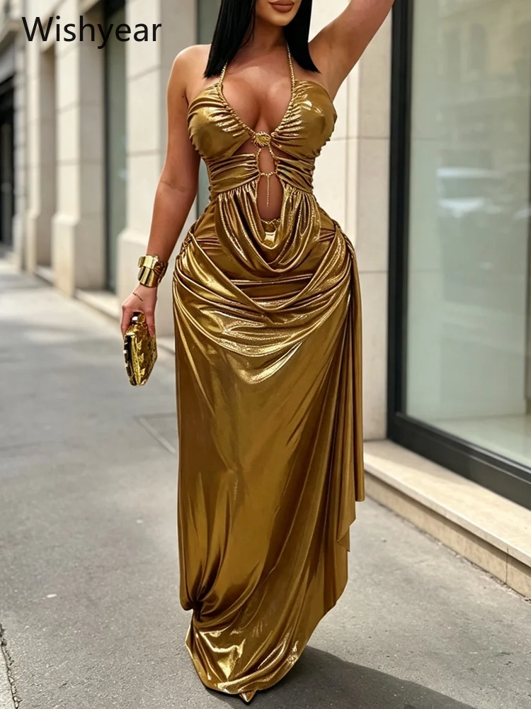 Gold Metallic Draped Maxi Dress Women’s Halter Deep V Neck Cutout Long Dresses for Evening Wedding Birthday Holiday Clubwear