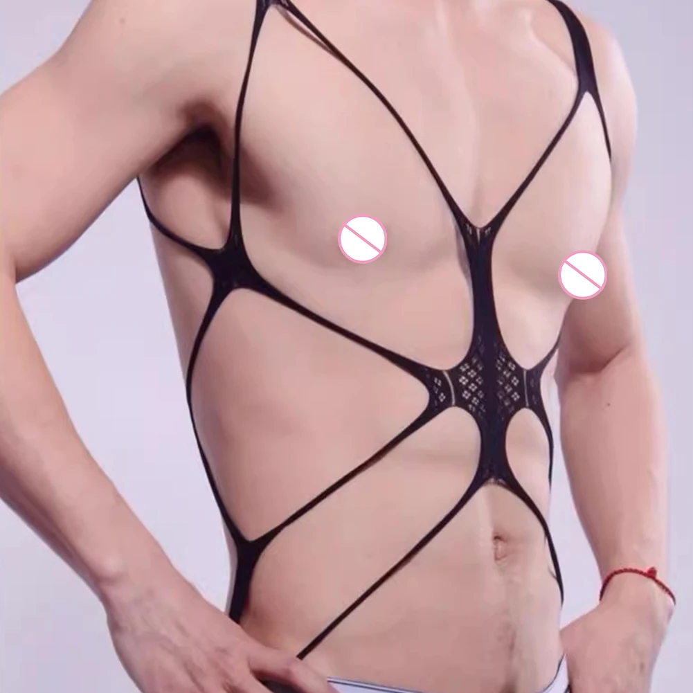 Men Leotard Sexy Breathable Mesh Bodysuit Pouch Slimming Underwear Nightclub See Through Body Stockings Fishnet Pantyhose