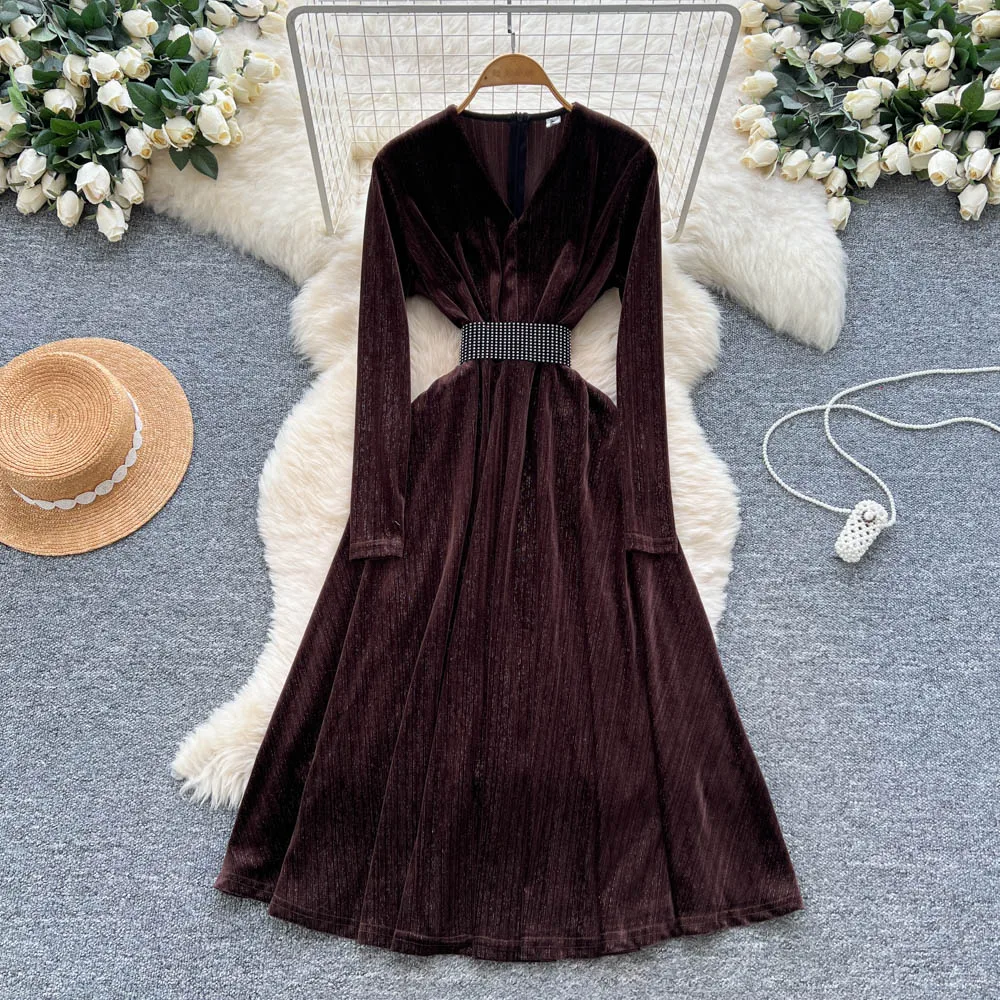 Sexy long sleeve V-neck slim glitter dress vintage Elegant Women Party korean fashion fairycore dresses